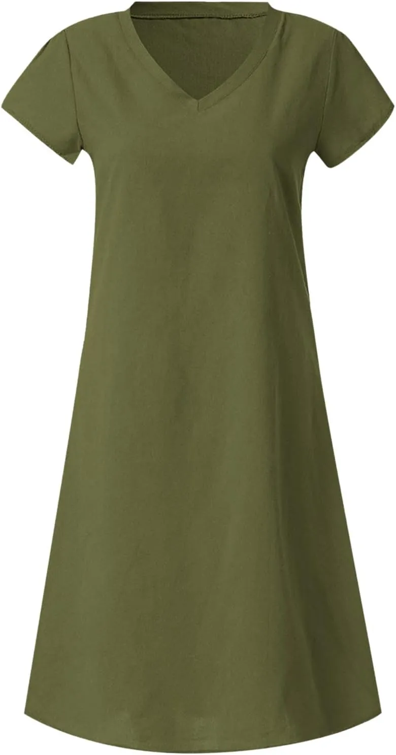 Womens Summer Short Sleeve Cotton Linen Dress Solid Loose V-Neck Shirt Dress Midi Length Vocation Beach Dress