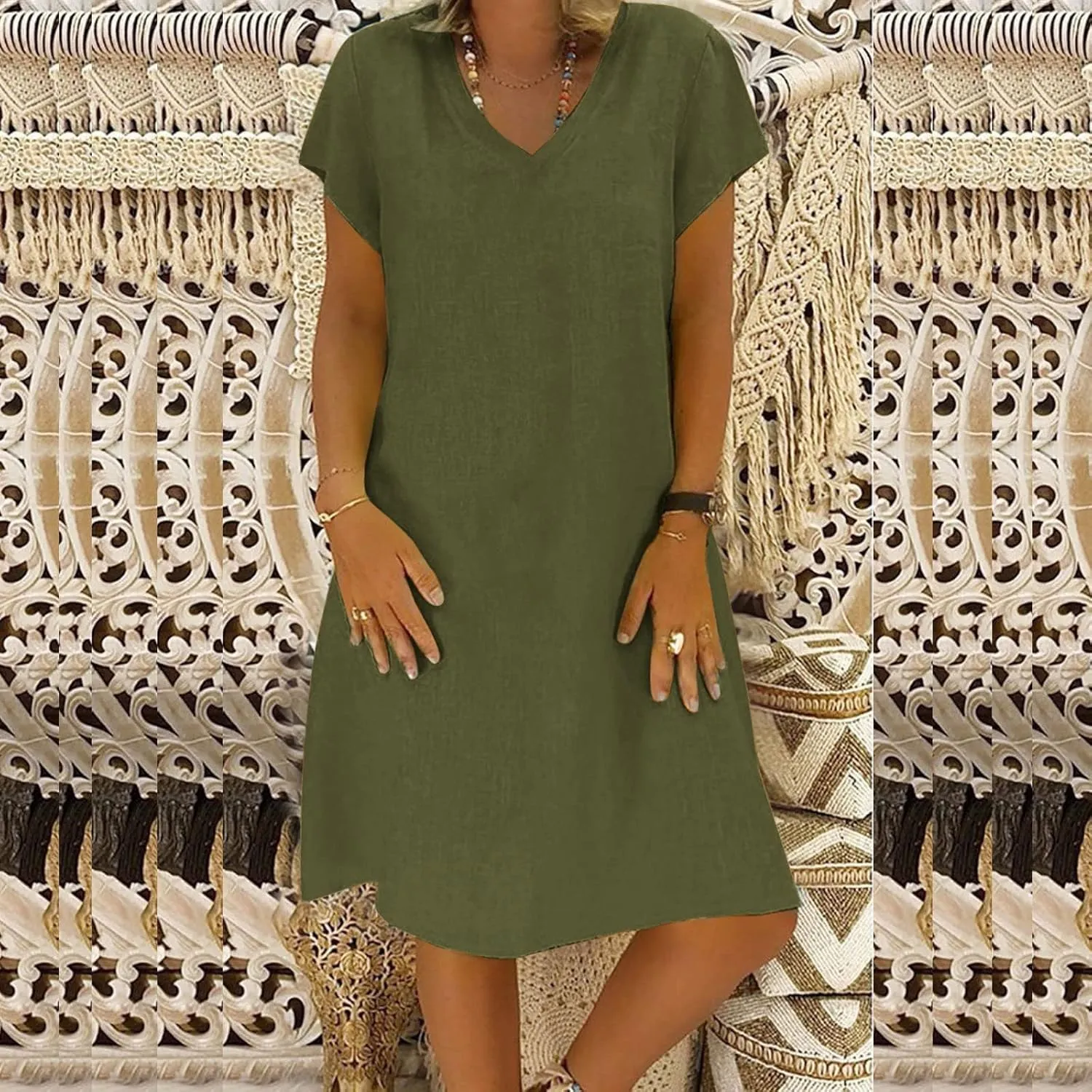 Womens Summer Short Sleeve Cotton Linen Dress Solid Loose V-Neck Shirt Dress Midi Length Vocation Beach Dress