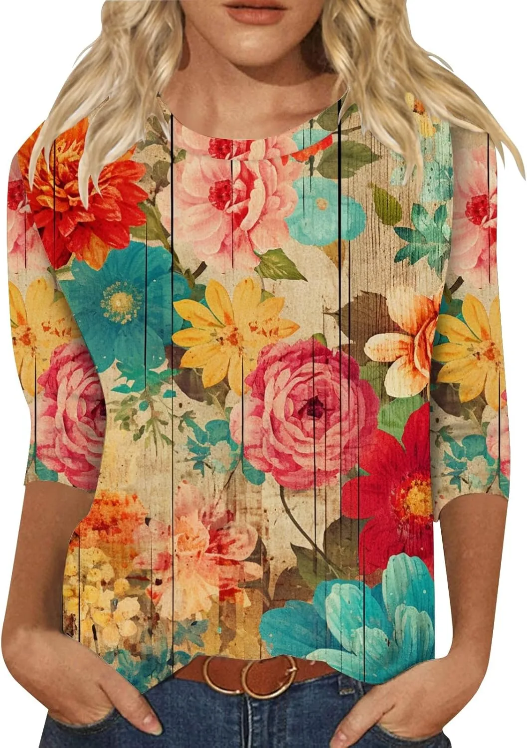 Women's Tops Trendy Casual 3/4 Sleeve Blouses Cute Boho Floral Shirts Loose Fit Dressy Crew Neck Tops