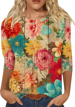 Women's Tops Trendy Casual 3/4 Sleeve Blouses Cute Boho Floral Shirts Loose Fit Dressy Crew Neck Tops
