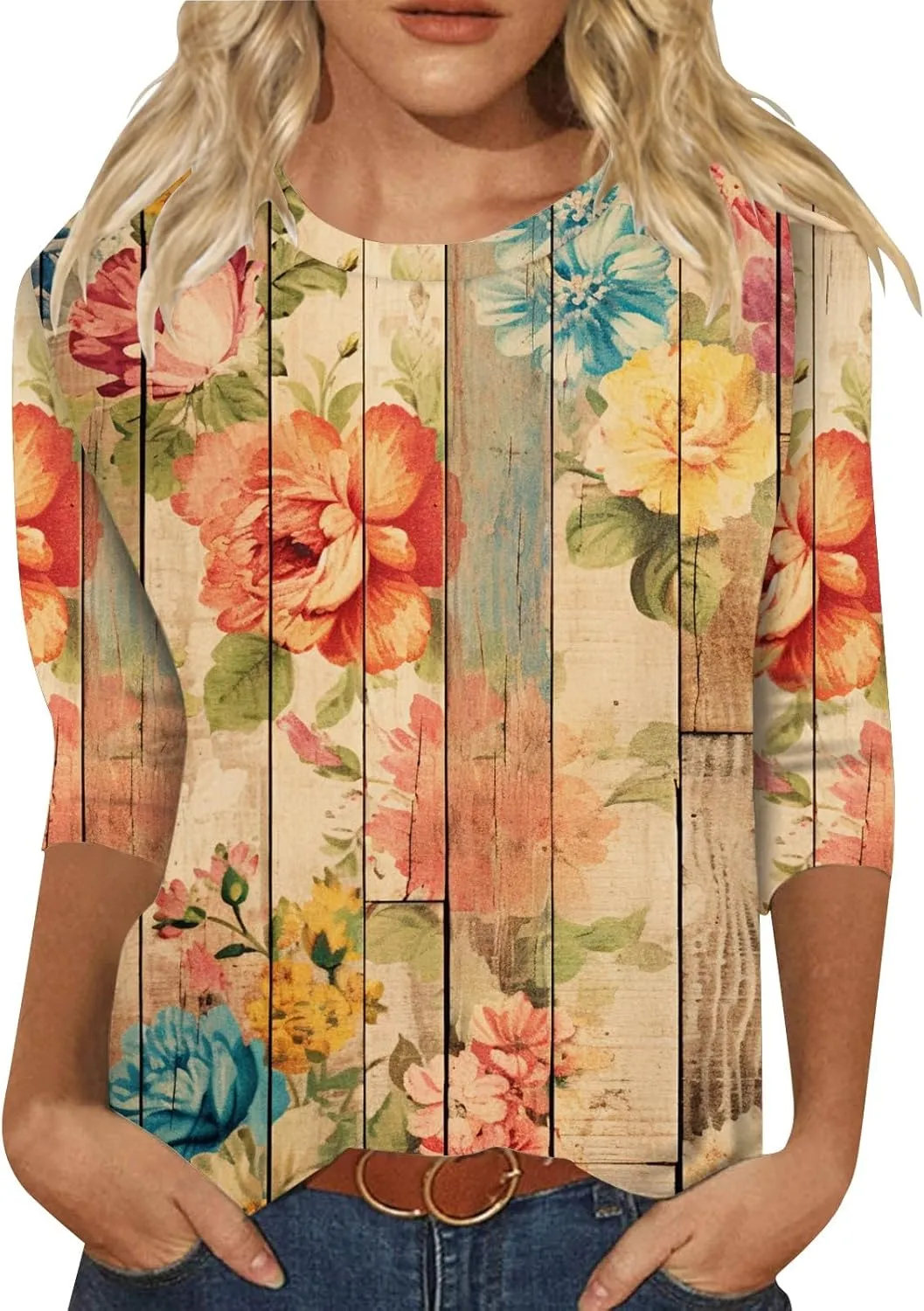 Women's Tops Trendy Casual 3/4 Sleeve Blouses Cute Boho Floral Shirts Loose Fit Dressy Crew Neck Tops