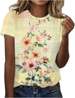 Women's Vintage Floral Tee Shirts 2025 Summer Tops Crewneck Short Sleeve T Shirts Dressy Casual Tunics Cute Blouses