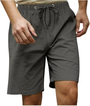 Ymosrh Men's Shorts Casual Fashion Cotton Linen Drawstring Solid Color Beach Shorts Pants Casual